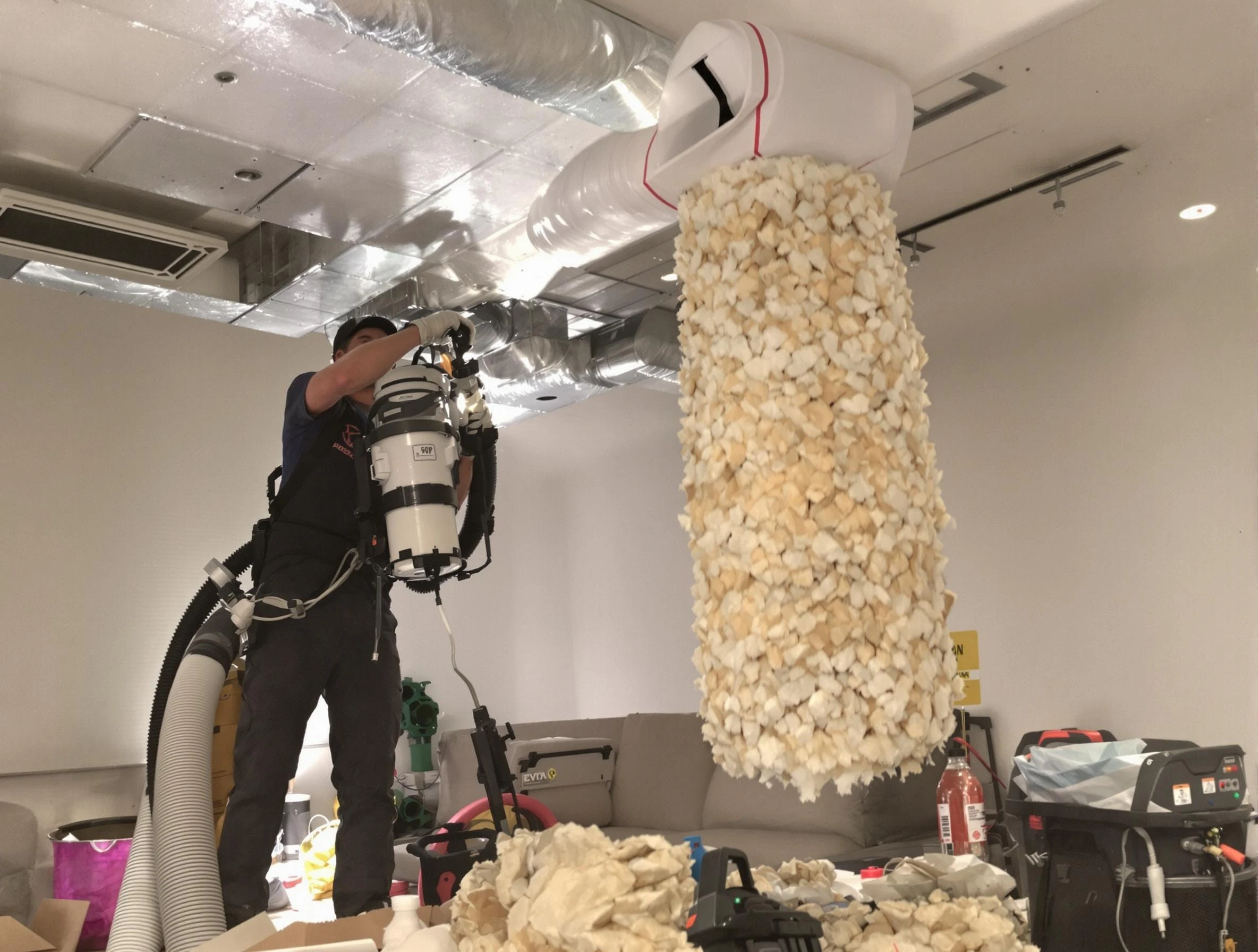 Millcreek Air Duct Cleaning technician performing precision vacuum insulation removal in a residential property in Millcreek